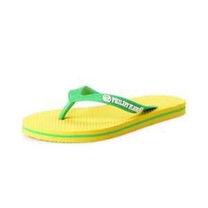 Philipp Plein Yellow/Green Rubber Logo Print Flip Flops Shoes